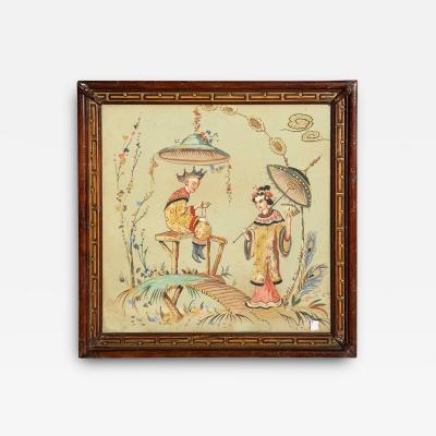 Antique Chinoiserie Gouache Painting of Chinese Couple in Art Deco Frame