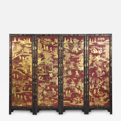Antique Chinoiserie Red Lacquer Screen