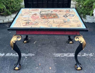 Antique Chippendale Ball Claw Foot Table W Hand Painted Engraving W Dog