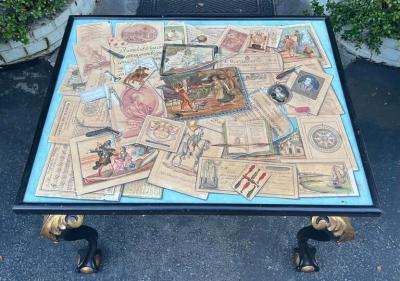 Antique Chippendale Ball Claw Foot Table W Hand Painted Engraving W Dog