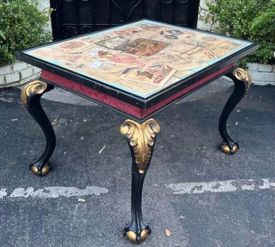 Antique Chippendale Ball Claw Foot Table W Hand Painted Engraving W Dog