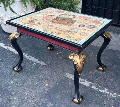 Antique Chippendale Ball Claw Foot Table W Hand Painted Engraving W Dog