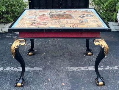 Antique Chippendale Ball Claw Foot Table W Hand Painted Engraving W Dog