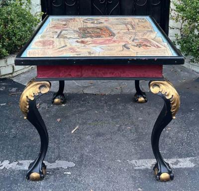 Antique Chippendale Ball Claw Foot Table W Hand Painted Engraving W Dog