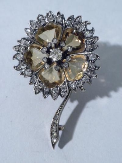 Antique Citrine And Diamond Flower Shaped Brooch 1880