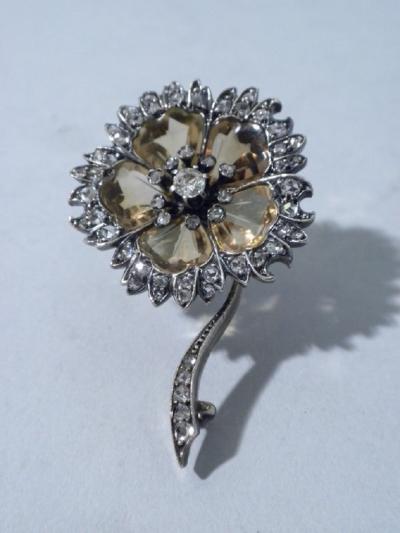 Antique Citrine And Diamond Flower Shaped Brooch 1880