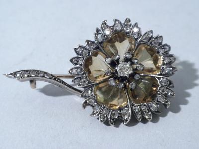 Antique Citrine And Diamond Flower Shaped Brooch 1880