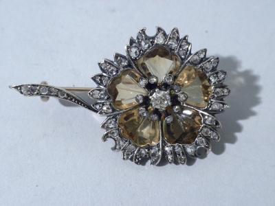 Antique Citrine And Diamond Flower Shaped Brooch 1880