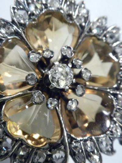 Antique Citrine And Diamond Flower Shaped Brooch 1880