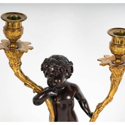 Antique Clodion Bronze Cherub Sculpture Gilt Bronze Candelabra