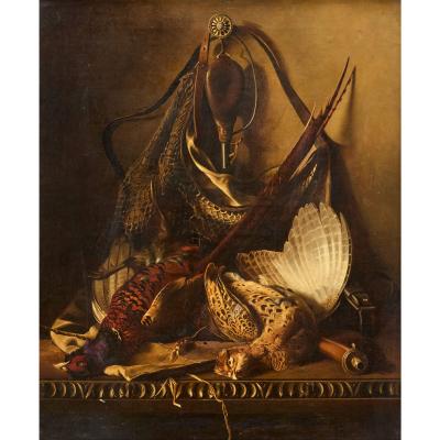 Antique Continental School still life oil painting w grouse hunting equipment