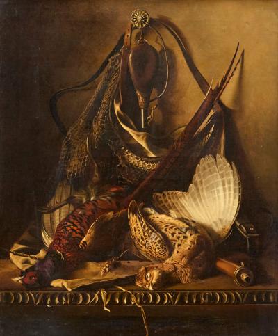 Antique Continental School still life oil painting w grouse hunting equipment