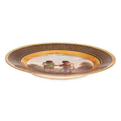 Antique Continental parcel gilt porcelain plate with pastoral landscape
