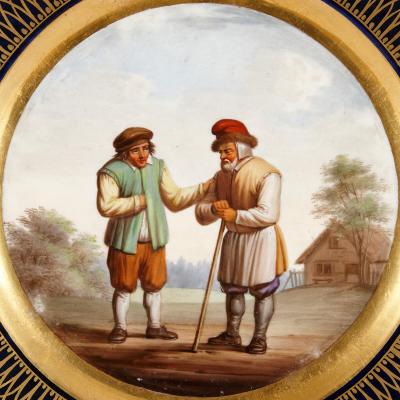 Antique Continental parcel gilt porcelain plate with pastoral landscape