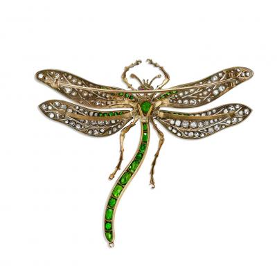 Antique Demantoid Garnet and Diamond Dragonfly Brooch