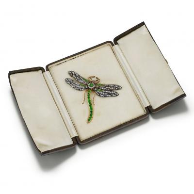 Antique Demantoid Garnet and Diamond Dragonfly Brooch