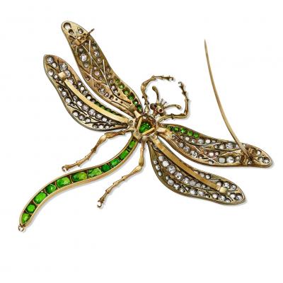 Antique Demantoid Garnet and Diamond Dragonfly Brooch