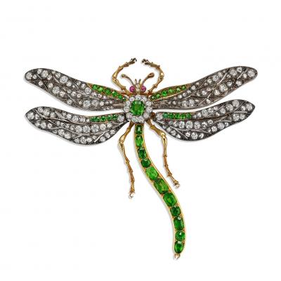 Antique Demantoid Garnet and Diamond Dragonfly Brooch