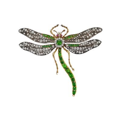 Antique Demantoid Garnet and Diamond Dragonfly Brooch