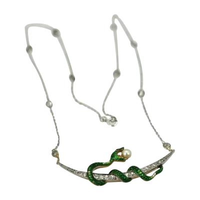 Antique Diamond Crescent Enamel Snake with Pearl on Diamond Chain
