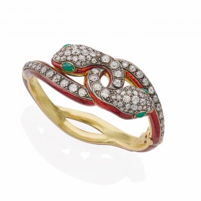 Antique Diamond and Enamel Snake Bracelet