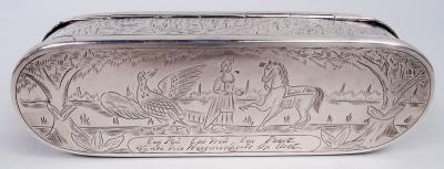 Antique Dutch Silver Tobacco Box with Engraved Pastoral Scenes 1803