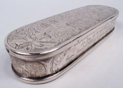Antique Dutch Silver Tobacco Box with Engraved Pastoral Scenes 1803
