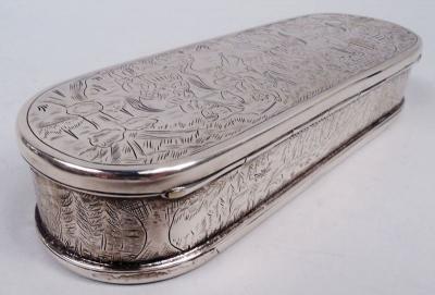 Antique Dutch Silver Tobacco Box with Engraved Pastoral Scenes 1803