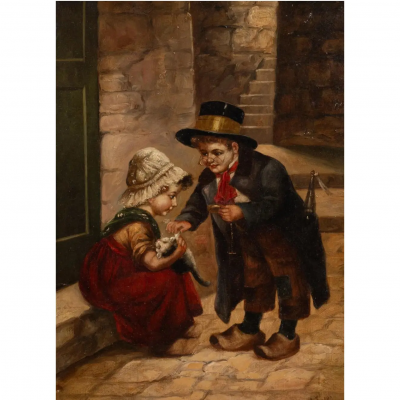 Antique Dutch Style Oil Painting of Children With a Cat by H Sellin