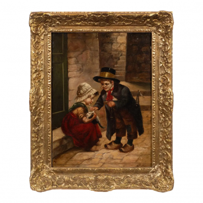 Antique Dutch Style Oil Painting of Children With a Cat by H Sellin
