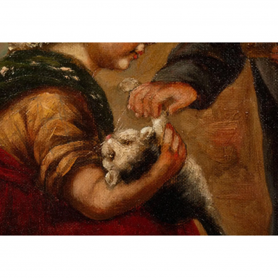 Antique Dutch Style Oil Painting of Children With a Cat by H Sellin