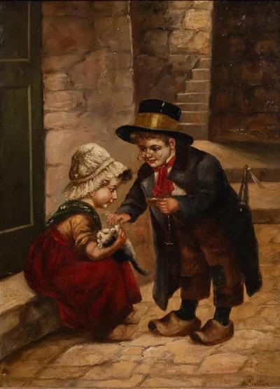 Antique Dutch Style Oil Painting of Children With a Cat by H Sellin