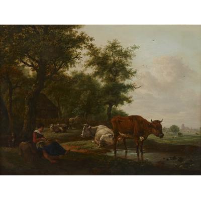 Antique Dutch painting of countryside with figures and animals