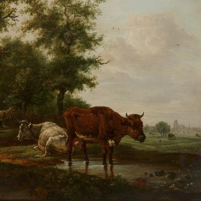 Antique Dutch painting of countryside with figures and animals