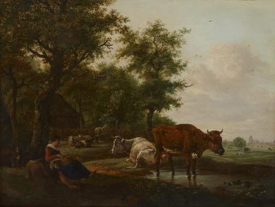 Antique Dutch painting of countryside with figures and animals