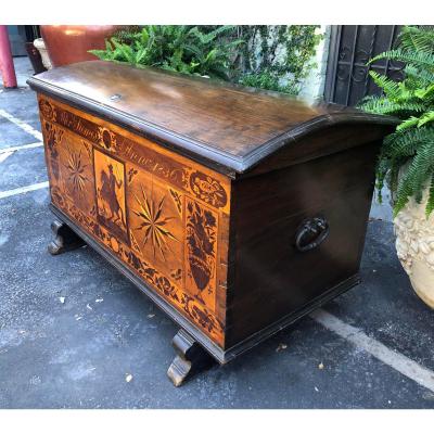 Antique Early 19th C Dutch Marquetry Inlaid Dome Top Marriage Coffer Chest