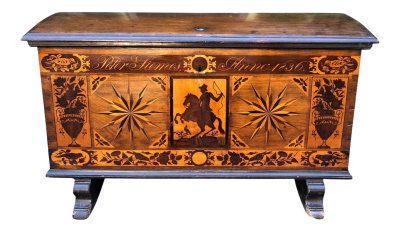 Antique Early 19th C Dutch Marquetry Inlaid Dome Top Marriage Coffer Chest