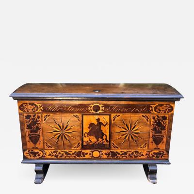 Antique Early 19th C Dutch Marquetry Inlaid Dome Top Marriage Coffer Chest