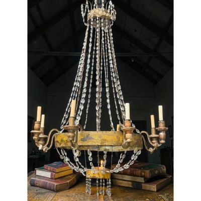 Antique Early 19th C Italian Crystal Tole Chandelier