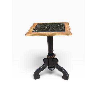 Antique Ebony Giltwood Marble Top Tripod Pedestal Table