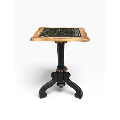 Antique Ebony Giltwood Marble Top Tripod Pedestal Table