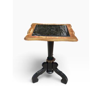 Antique Ebony Giltwood Marble Top Tripod Pedestal Table