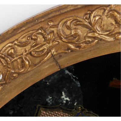 Antique Eglomise Reverse Painting on Glass Giltwood Panel of Figures Church