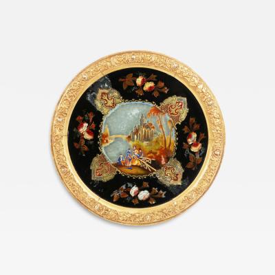 Antique Eglomise Reverse Painting on Glass Giltwood Panel of Figures Church