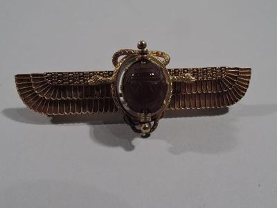 Antique Egyptian Revival 18K Gold Winged Sun Brooch with Scarab