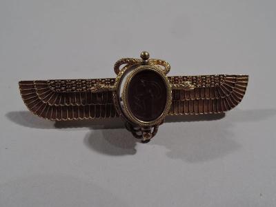 Antique Egyptian Revival 18K Gold Winged Sun Brooch with Scarab