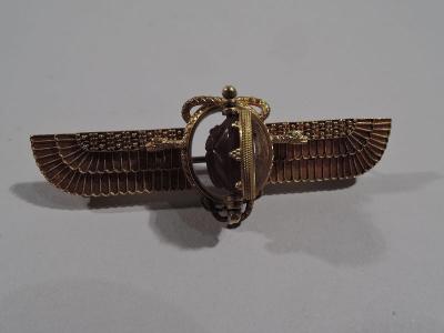 Antique Egyptian Revival 18K Gold Winged Sun Brooch with Scarab
