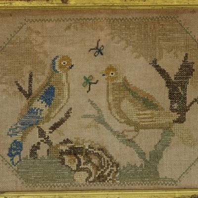Antique Embroidered Picture of a Pair of Birds 