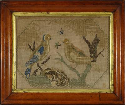 Antique Embroidered Picture of a Pair of Birds 