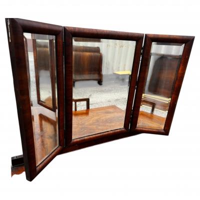 Antique Empire Revival Burl Walnut Tri fold Mirror Vanity and Chair